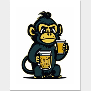 Cartoonish Monkey With Beer Mug Posters and Art